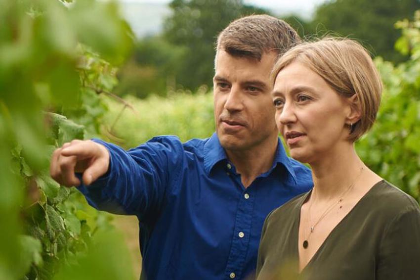 Cherie Spriggs and Brad Greatrix in Nyetimber Vineyard